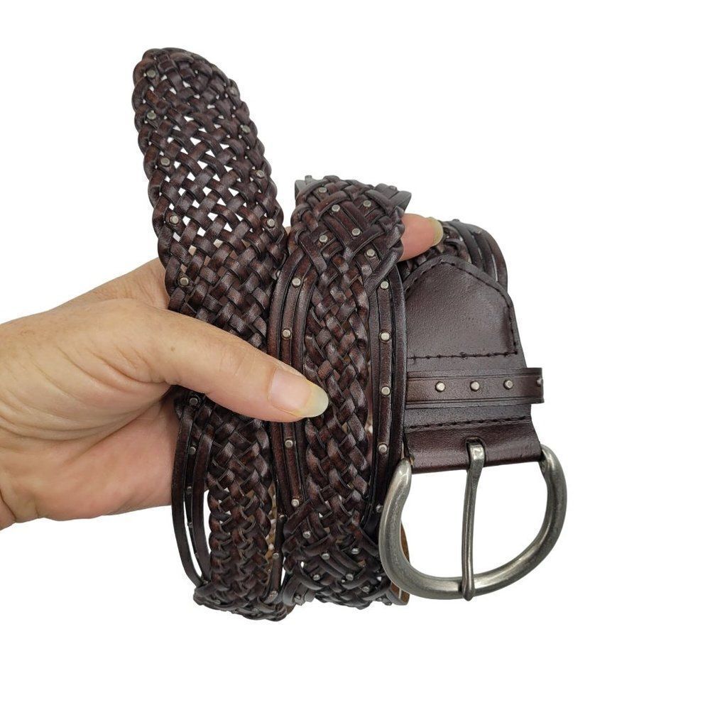 Esprit Womens Belt L Dark‎ Brown Wicker Woven Braided Silver Buckle Studded